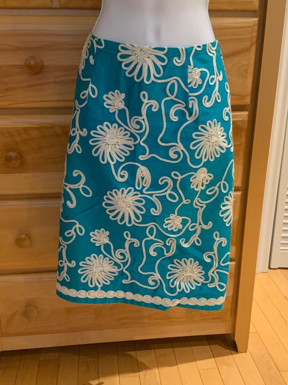 Tribal Strech cotton skirt, size 2, blue with white ribbon embroidery
